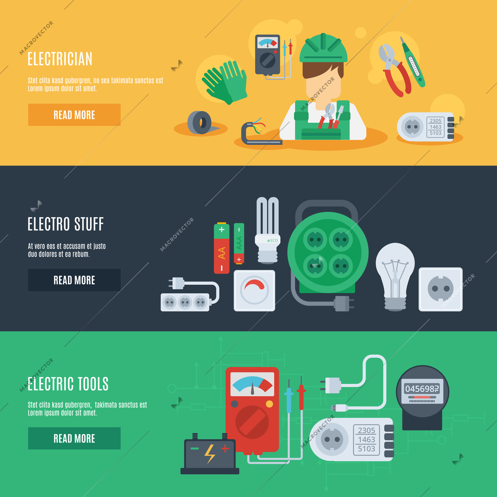 Electricity horizontal banner set with electrician electro stuff flat elements isolated vector illustration