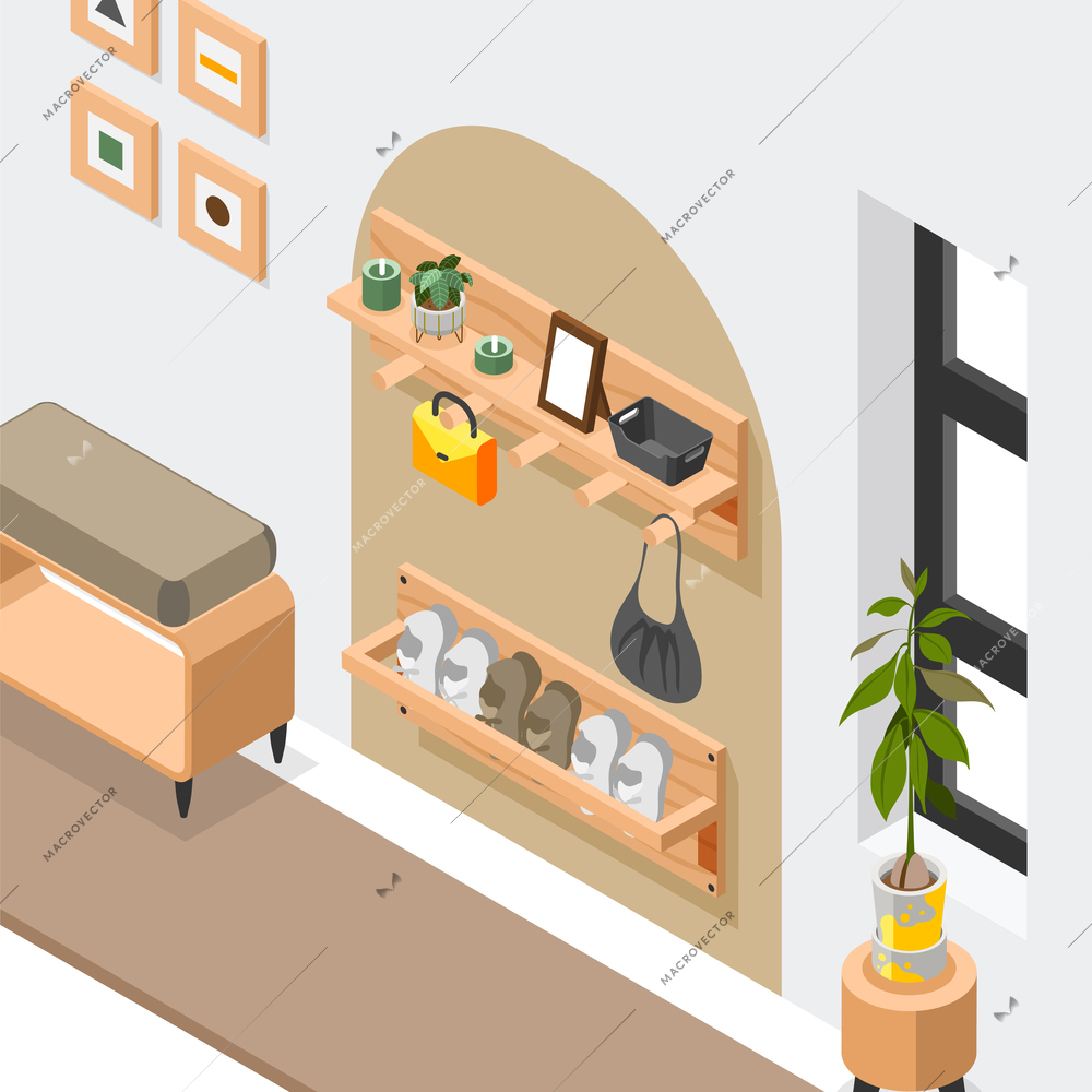 Store room isometric background composition with indoor view of shelf stands with boots frames and accessories vector illustration