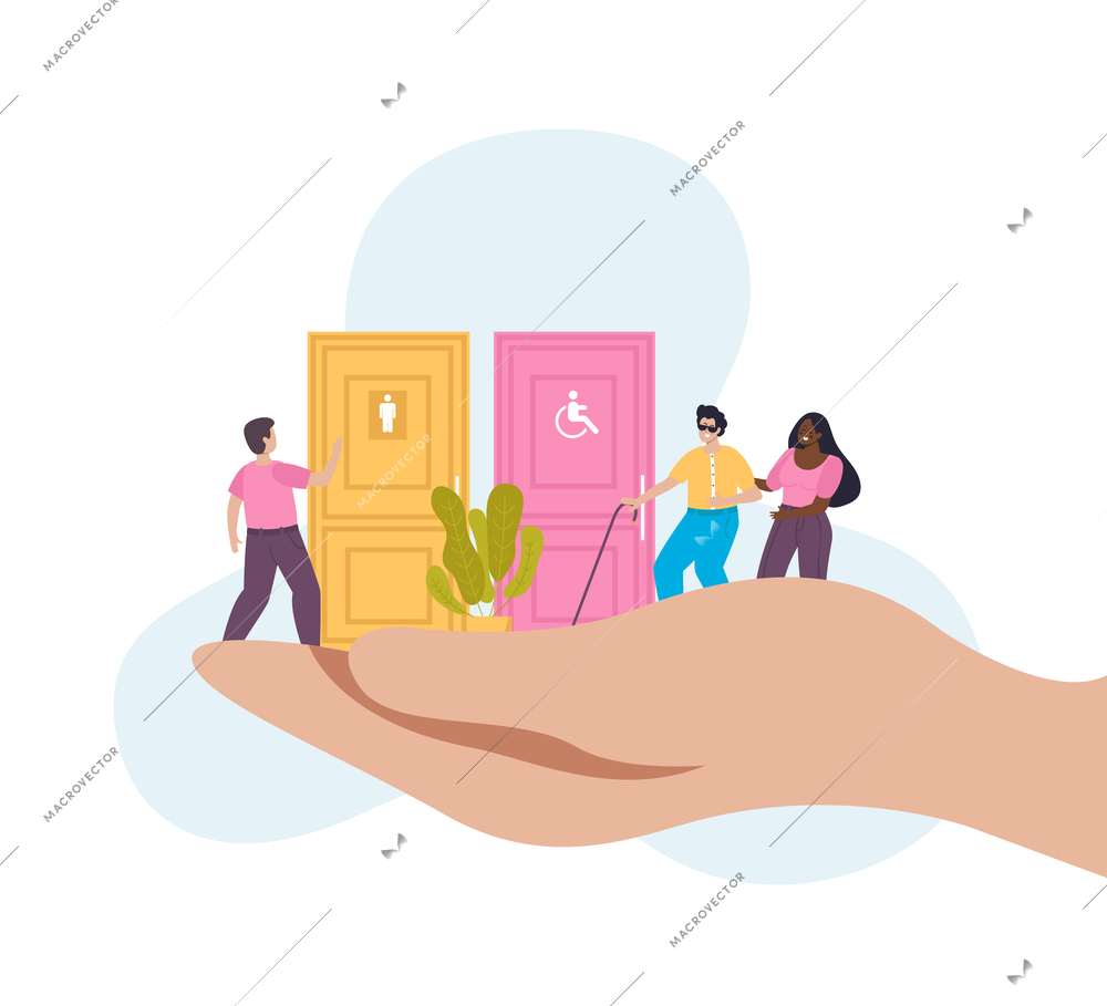 Public restroom flat composition with human hand holding wc door vector illustration