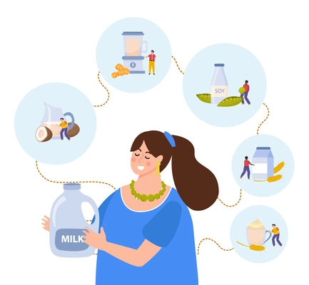 Vegan milk flat composition with happy woman holding bottle of drink vector illustration