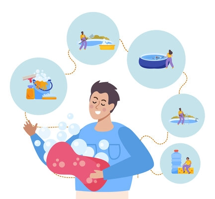 Swimming pool flat composition with man holding sponge vector illustration