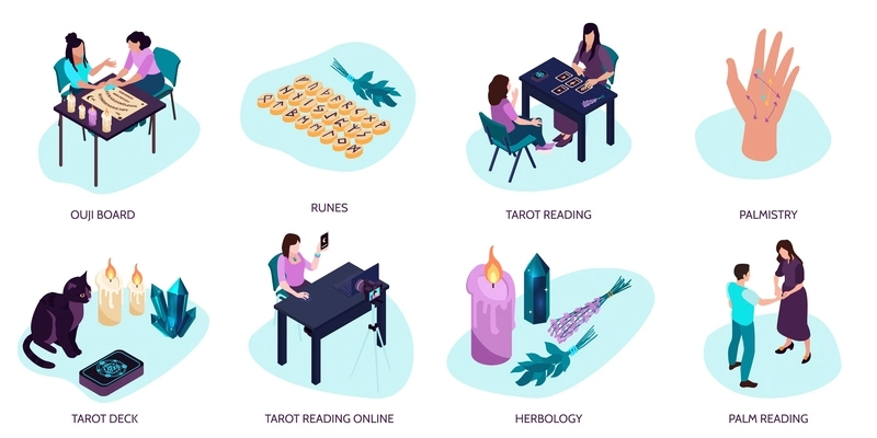 Isometric fortune teller icons set with tarot cards reading isolated vector illustration