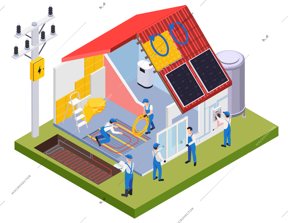 Smart efficient heating and cooling climate systems isometric composition with profile view of house and workers vector illustration