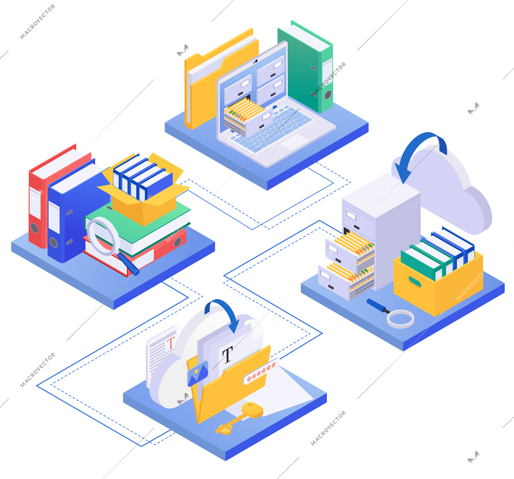 Archive documents processing isometric composition with set of connected platforms cloud storage icons and paper folders vector illustration