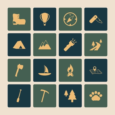 Outdoors tourism camping flat icons set of road mountain tree and nature isolated vector illustration