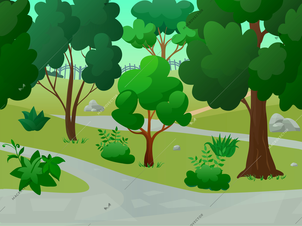 Game park landscape with 2d trees alleys flat background vector illustration
