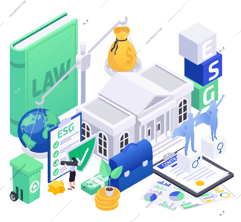 Isometric concept of esg environmental social governance with 3d symbols of ethical rules and business principles vector illustration