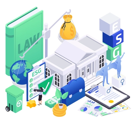 Isometric concept of esg environmental social governance with 3d symbols of ethical rules and business principles vector illustration