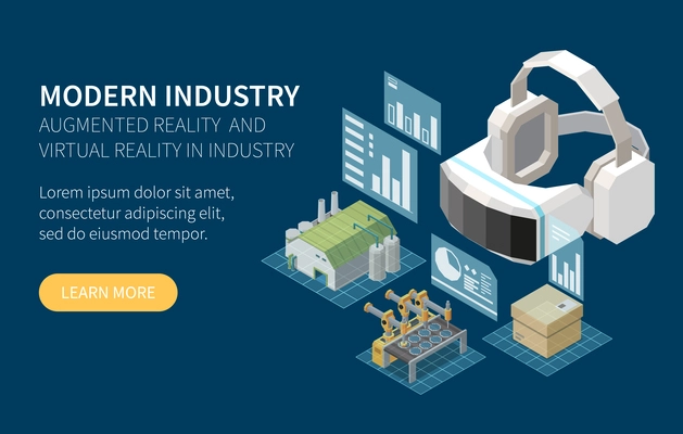 Modern industry isometric web banner with vr and ar technologies used in manufacturing vector illustration