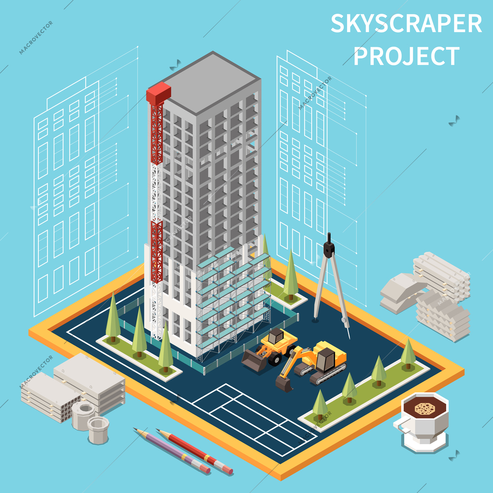 Skyscraper construction project isometric concept with unfinished building materials and machinery on technical drawing 3d vector illustration