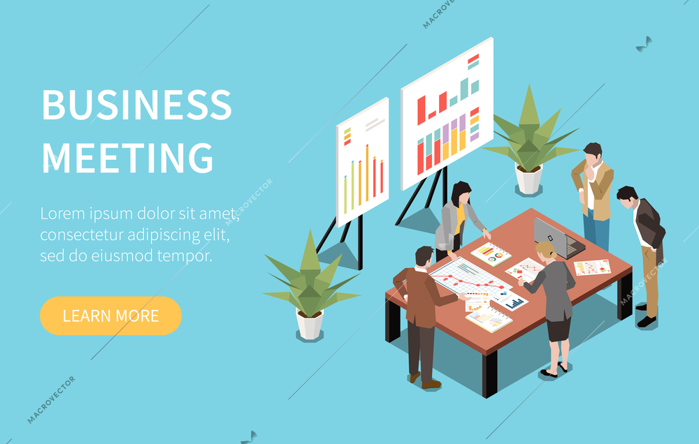 Isometric website page template with office workers during business meeting on blue background vector illustration