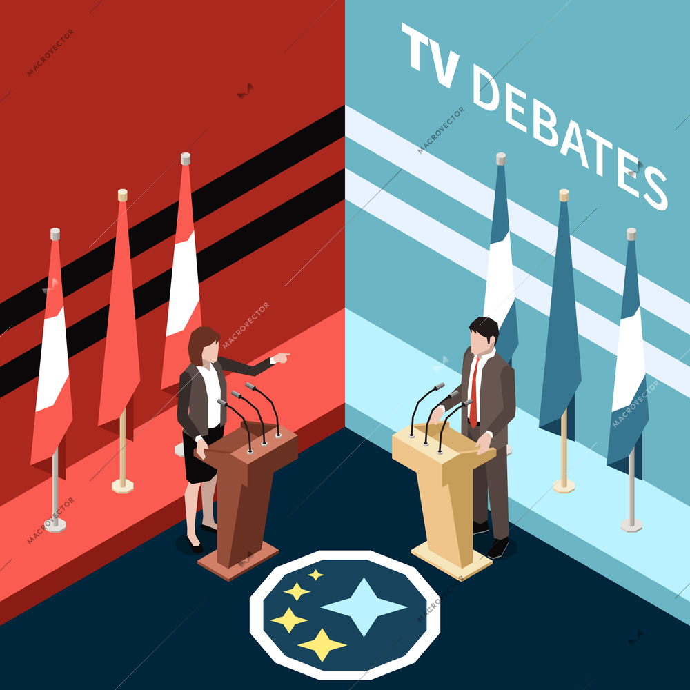 Isometric scene of political debates with male and female politicians giving speech vector illustration