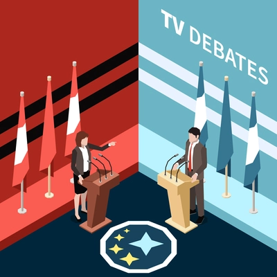 Isometric scene of political debates with male and female politicians giving speech vector illustration