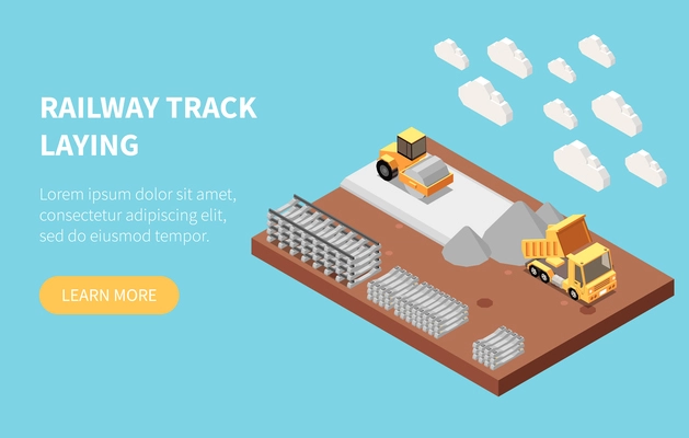 Railway track laying website banner template with machinery and materials on construction site isometric vector illustration