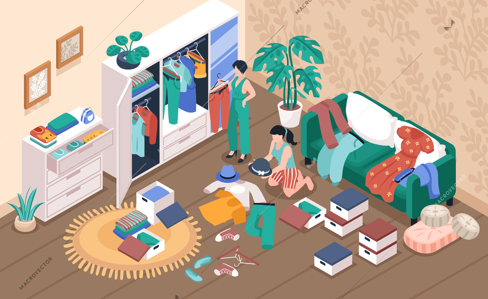 Two women decluttering their wardrobe and organizing clothes storage in room isometric vector illustration