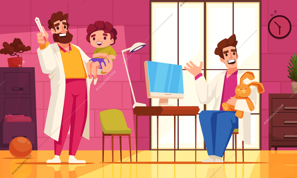 Children healthcare cartoon background with two pediatrician examining little baby in clinic flat vector illustration