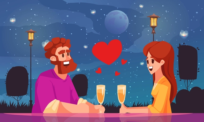 Romantic relationship cartoon composition with couple in love sitting in restaurant with glasses of champagne flat vector illustration
