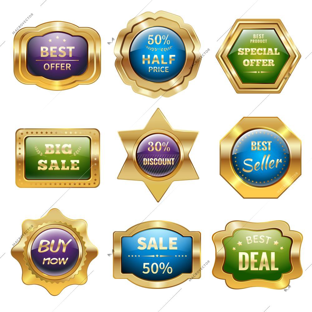 Golden sale product discount advertising and promotion badges isolated vector illustration