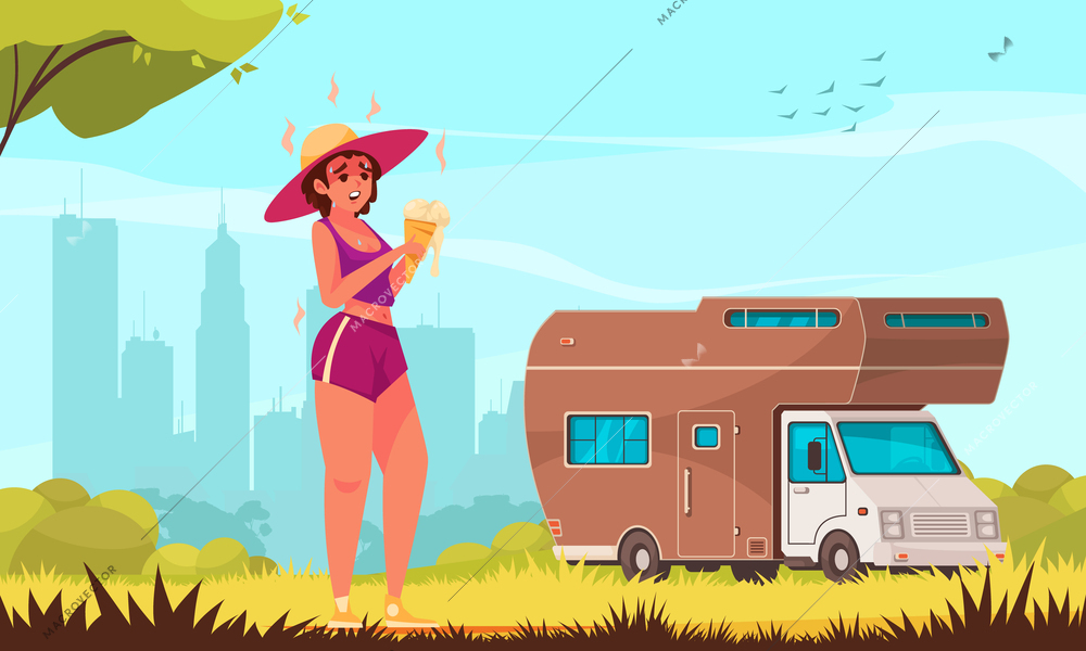 Summer activities cartoon background with woman in swimsuit eating ice cream near recreational trailer vector illustration