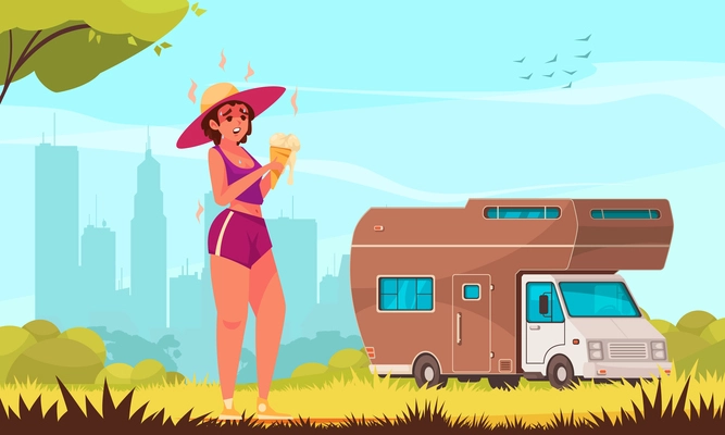 Summer activities cartoon background with woman in swimsuit eating ice cream near recreational trailer vector illustration