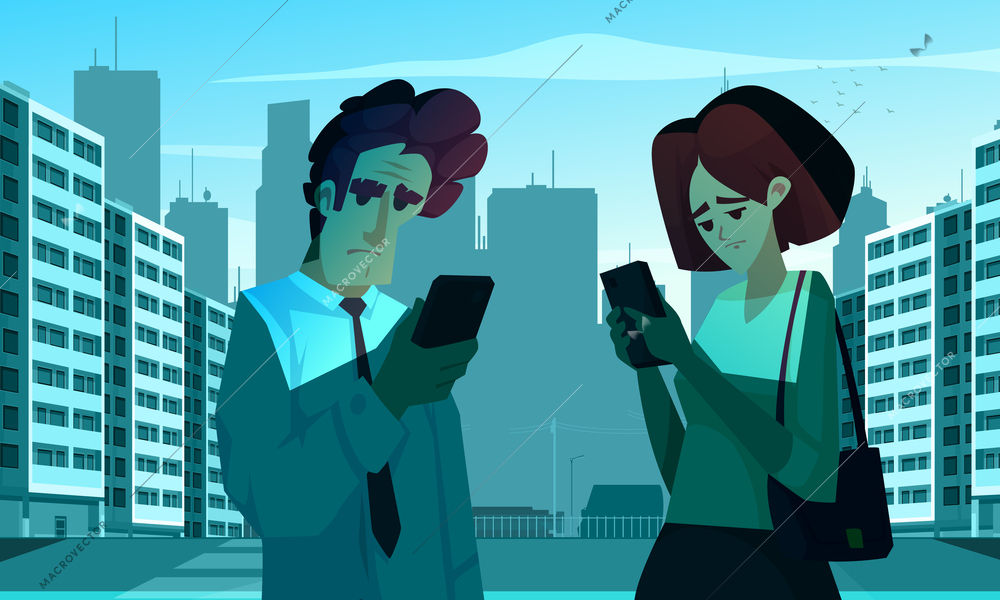 Smartphone addiction cartoon vector illustration with man and woman looking in their phones at evening city background