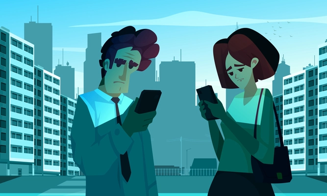 Smartphone addiction cartoon vector illustration with man and woman looking in their phones at evening city background