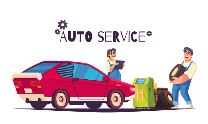 Auto service cartoon composition with personnel performing tire fitting using tire pressure gauge vector illustration