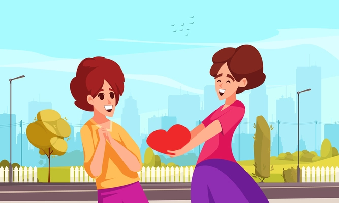 Love holiday cartoon concept with young woman giving big red heart to her girlfriend flat vector illustration