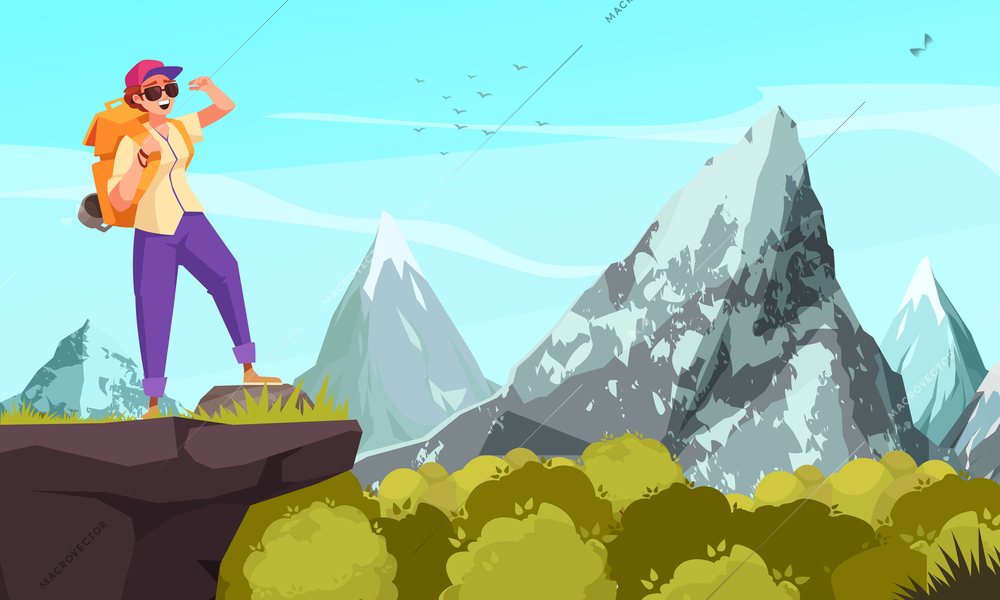 Hiking cartoon composition with female tourist standing at top of mountain admiring beauty of nature vector illustration