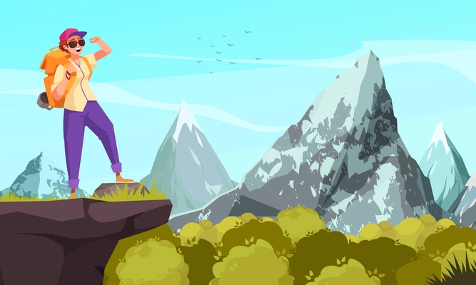 Hiking cartoon composition with female tourist standing at top of mountain admiring beauty of nature vector illustration