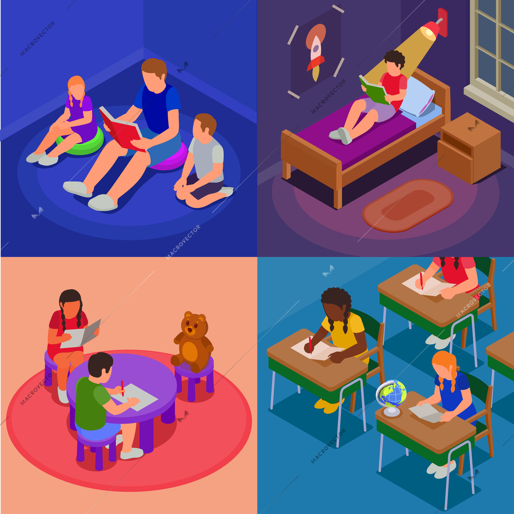 Four squares children reading learning drawing isometric icon set with family reads a book together child reads in their room children learn in school vector illustration