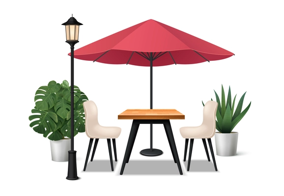 Restaurant realistic composition with outdoor cafe furniture vector illustration