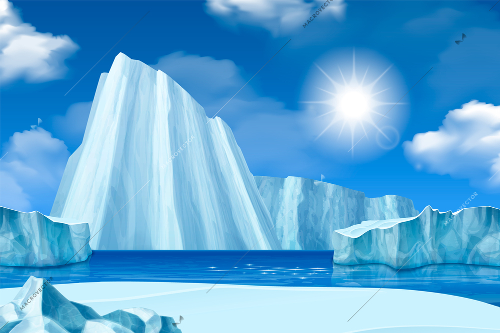 Iceberg realistic composition with glacier rock in northern sea vector illustration