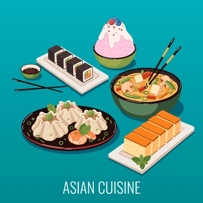 Asian food cartoon composition with sushi and chinese dumplings vector illustration