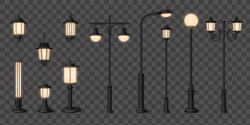 Street lamp realistic icons set with old style lanterns on transparent background isolated vector illustration