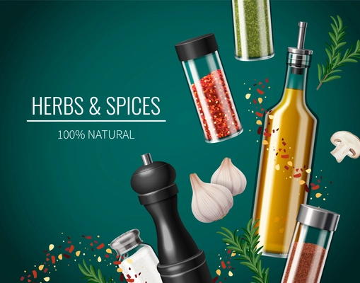 Kitchen spices realistic poster with seasonings in dispensers vector illustration