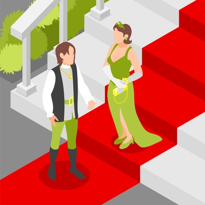 Fairy tale creatures isometric composition with prince meeting beautiful princess coming down stairs with red carpet vector illustration