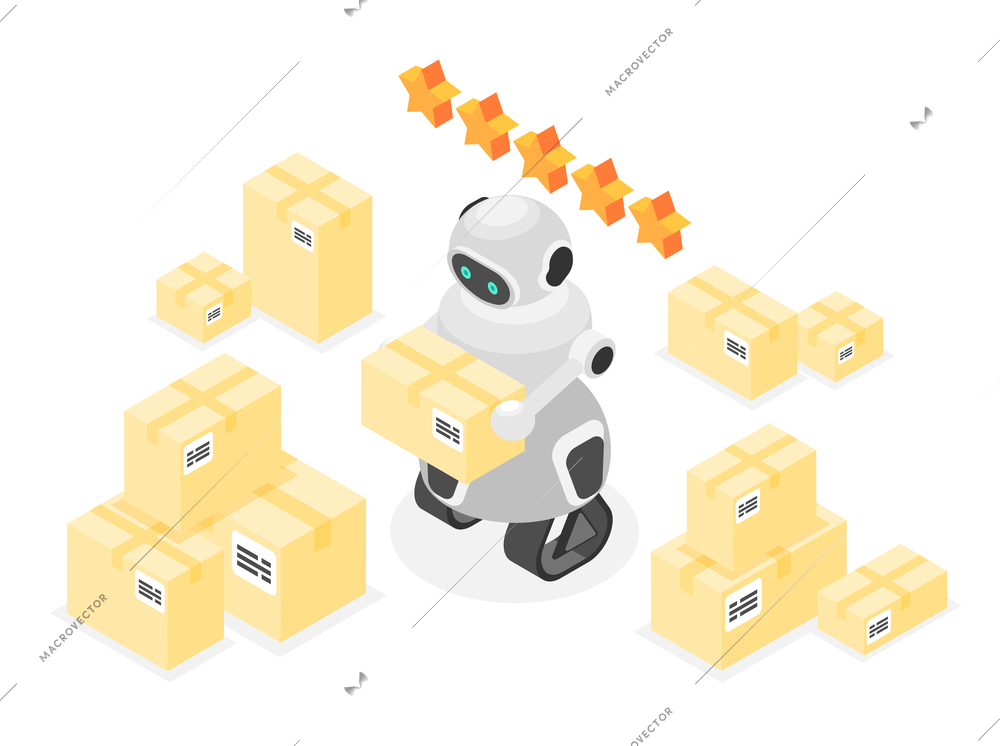 Robotic delivery isometric concept with robot courier carrying ordered goods packaging in cardboard box vector illustration