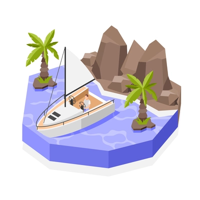 Boat isometric composition with man riding sailing yacht vector illustration