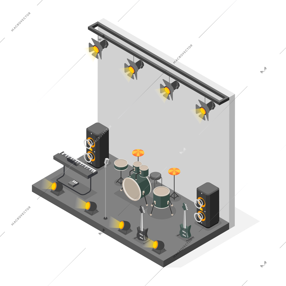 Rock music isometric composition with empty concert stage vector illustration