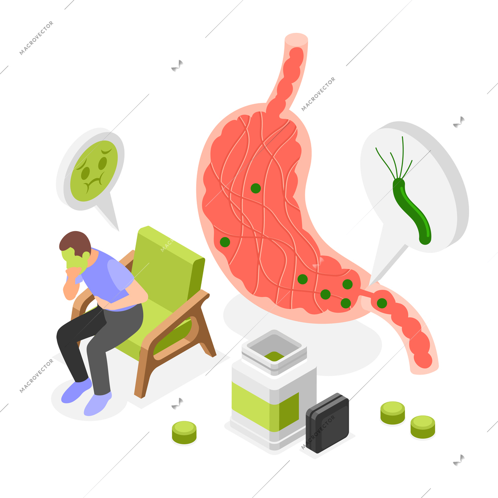 Helicobacter isometric composition with illness patient infected pathogenic bacterium suffering from stomach pain vector illustration