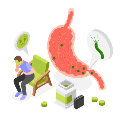 Helicobacter isometric composition with illness patient infected pathogenic bacterium suffering from stomach pain vector illustration