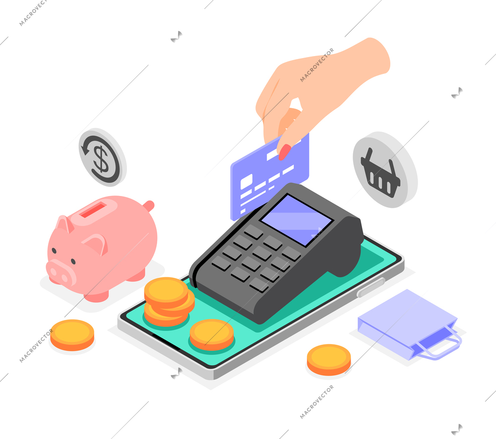 Cashless payment isometric concept with human hand holding credit card near POS terminal to pay vector illustration