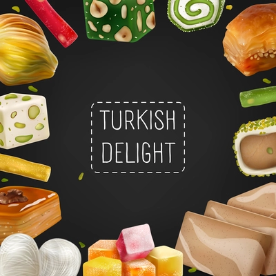 Turkish delight black background framed with colored oriental sweets realistic vector illustration