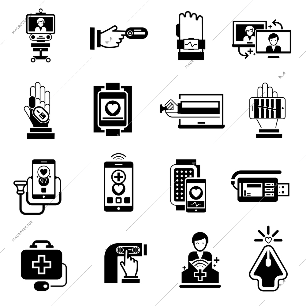 Digital medicine icons black set with telemedicine pocket monitor health control symbols isolated vector illustration