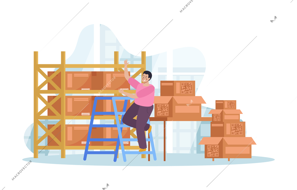 Warehouse logistic flat with man near storage shelf vector illustration