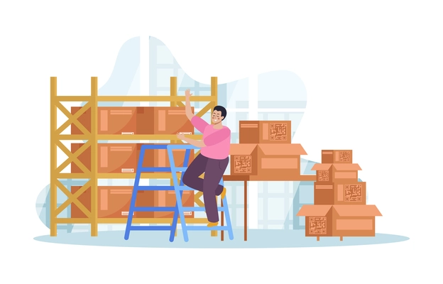 Warehouse logistic flat with man near storage shelf vector illustration