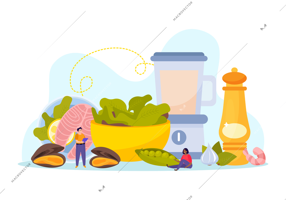 Seafood flat composition with tuna steak clams and algae vector illustration