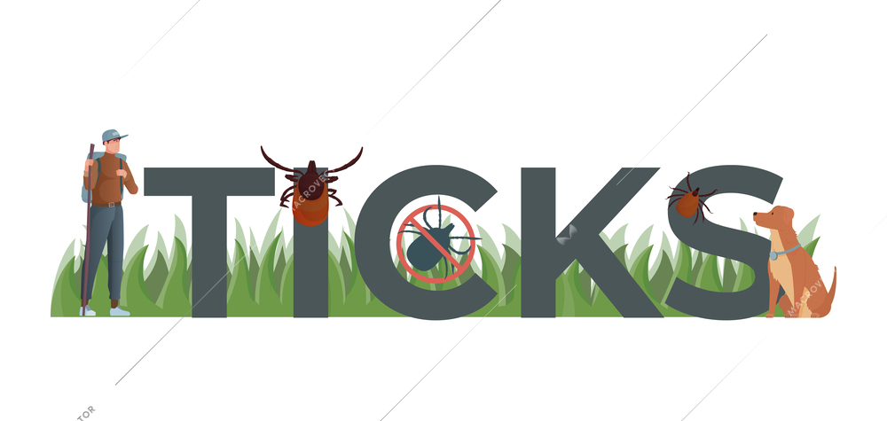 Ticks insect composition with flat text green grass and traveling male character with dog and bugs vector illustration