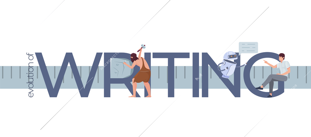 Evolution writing writer composition with flat text and icons of prehistoric modern man and futuristic robot vector illustration